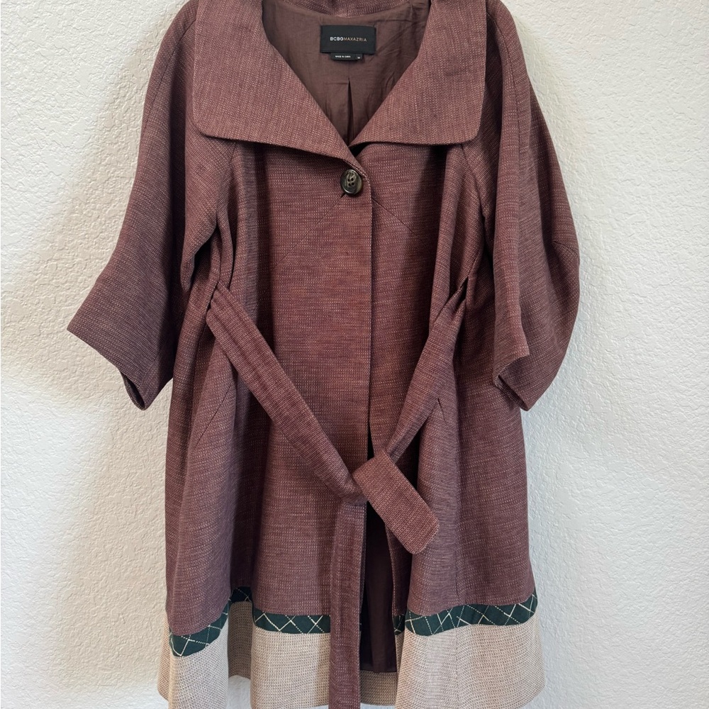 BCBG Max Azria Belted Wrap Coat | Size M | Burgundy Brown | Cotton-Linen Blend